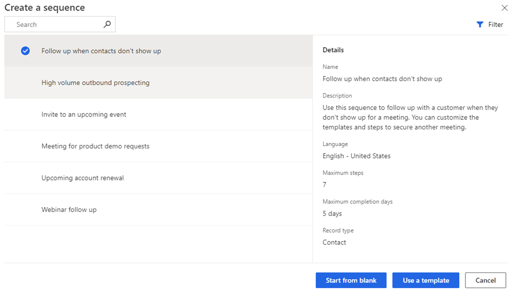 Screenshot of selecting an option to create a sequence in Dynamics 365 Sales.