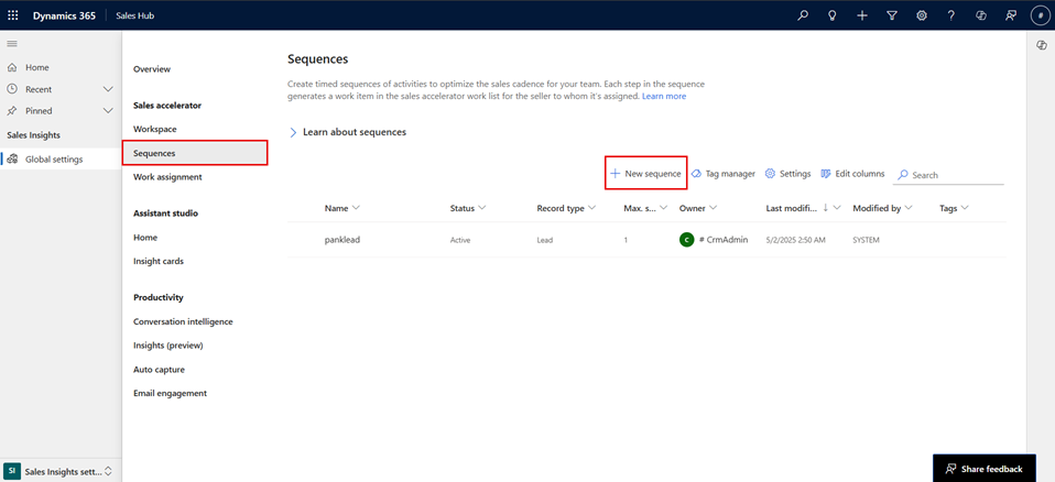Screenshot of the sequences page to select a new sequence.