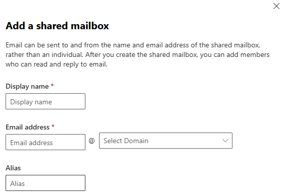 Screenshot of adding a shared mailbox in the Exchange admin center.