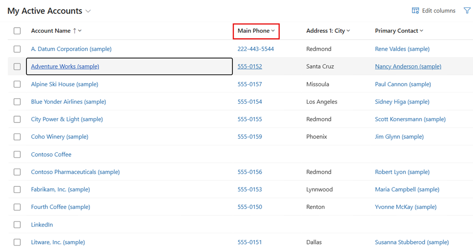 Screenshot of the All Accounts page with phone column highlighted.