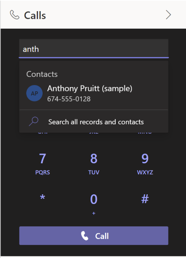 Screenshot of searching for or calling a phone number manually in the Teams dialer.