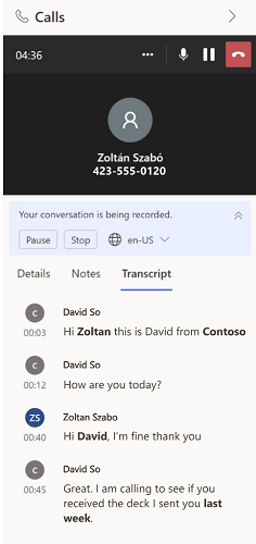 Screenshot of a call connected through the Teams dialer.