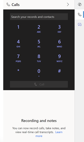 Screenshot of opening the Microsoft Teams dialer in Dynamics 365 Sales.