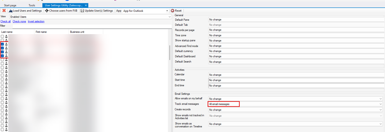 Screenshot of the User Settings Utility in XRMToolBox with the Track email messages option set to All email messages.
