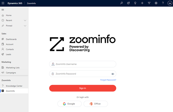 Screenshot of the ZoomInfo sign-in page.
