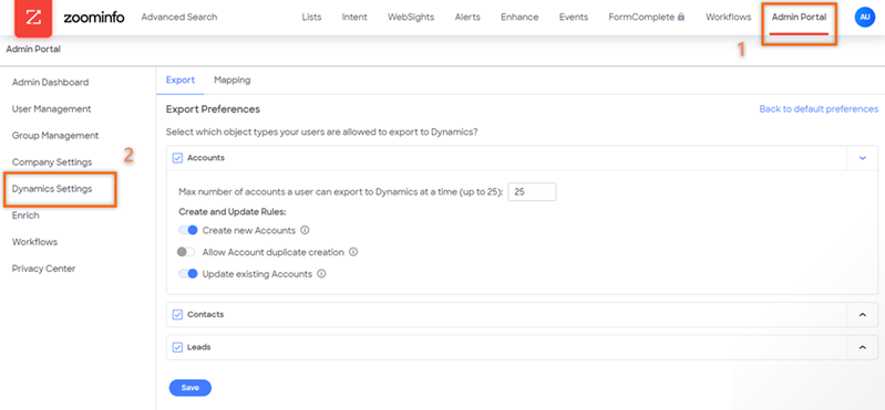 Screenshot of selecting Dynamics Settings from the Admin Portal in ZoomInfo.