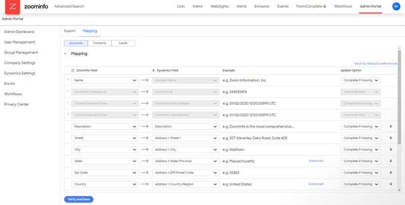 Screenshot of selecting the Mapping tab to choose fields for Accounts.