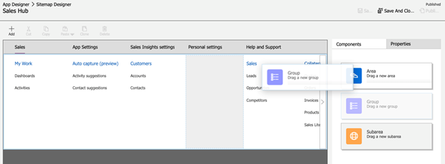 Screenshot of dragging and dropping the group component to an area.