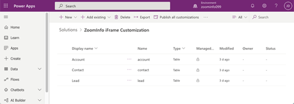 Screenshot of Account, Contacts, and Leads tables added to the ZoomInfo iframe.