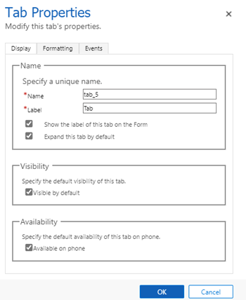 Screenshot of the Tab Properties dialog.