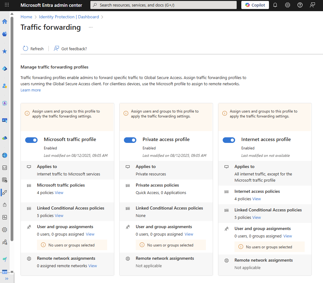 Screenshot of the traffic forwarding page with the Microsoft access profile enabled.