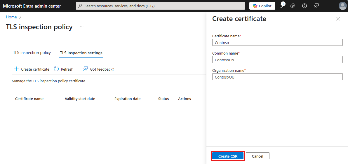 Screenshot of the Create certificate pane with fields filled and the Create CSR button highlighted.