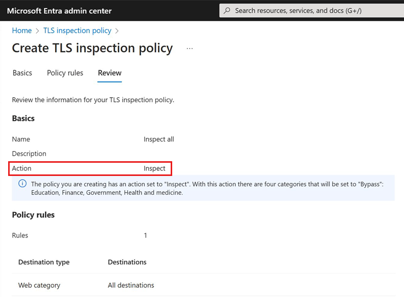 Screenshot of the Create a TLS inspection policy screen open to the Review tab.
