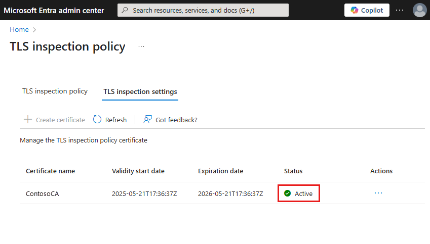 Screenshot of the TLS inspection settings tab with the certificate status set to Active.