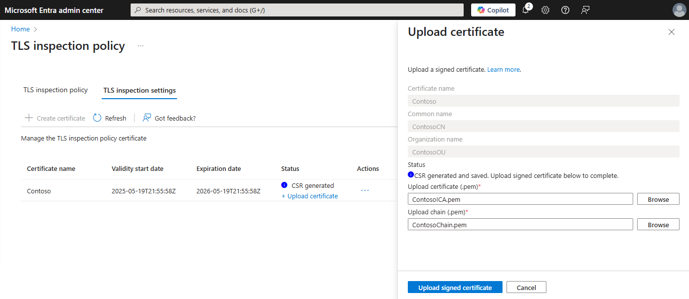 Screenshot of Upload certificate form with example certificate and chain certificate files in the upload fields.