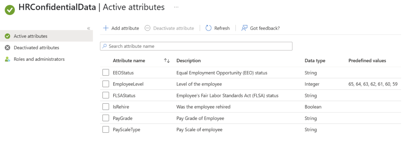 Screenshot of custom security active attributes.