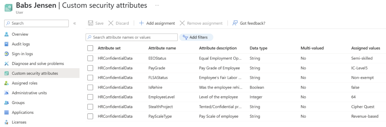 Screenshot of the Custom security attributes screen for the user.