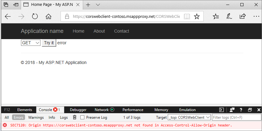 Screenshot that shows an example of a CORS issue.