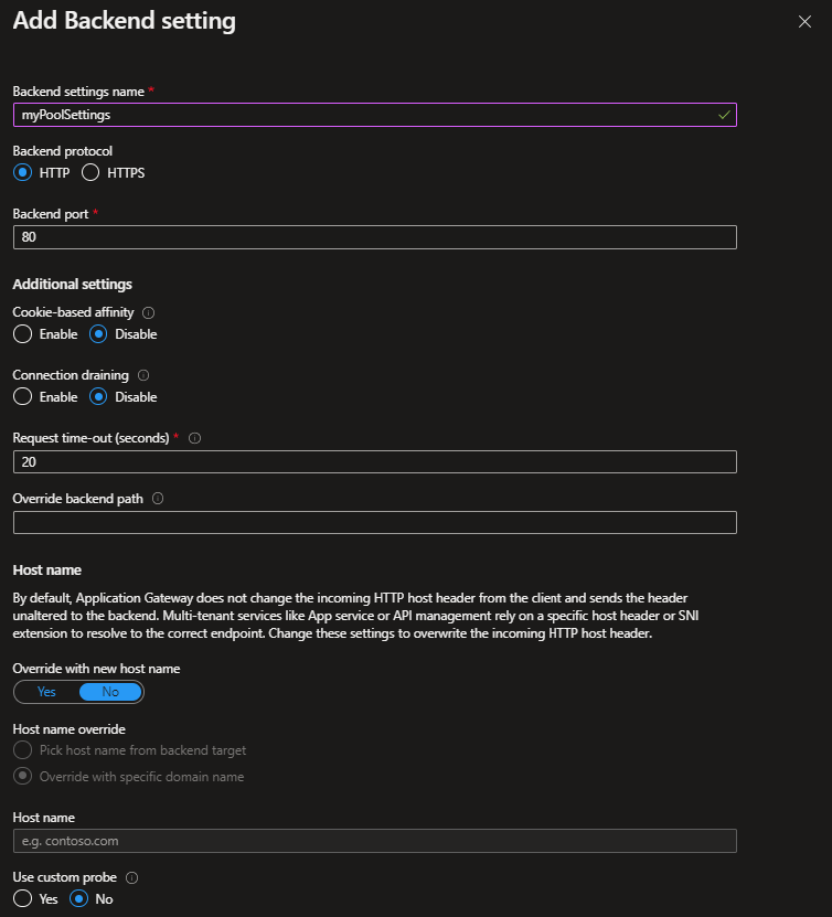 Screenshot of Application Gateway backend setting.