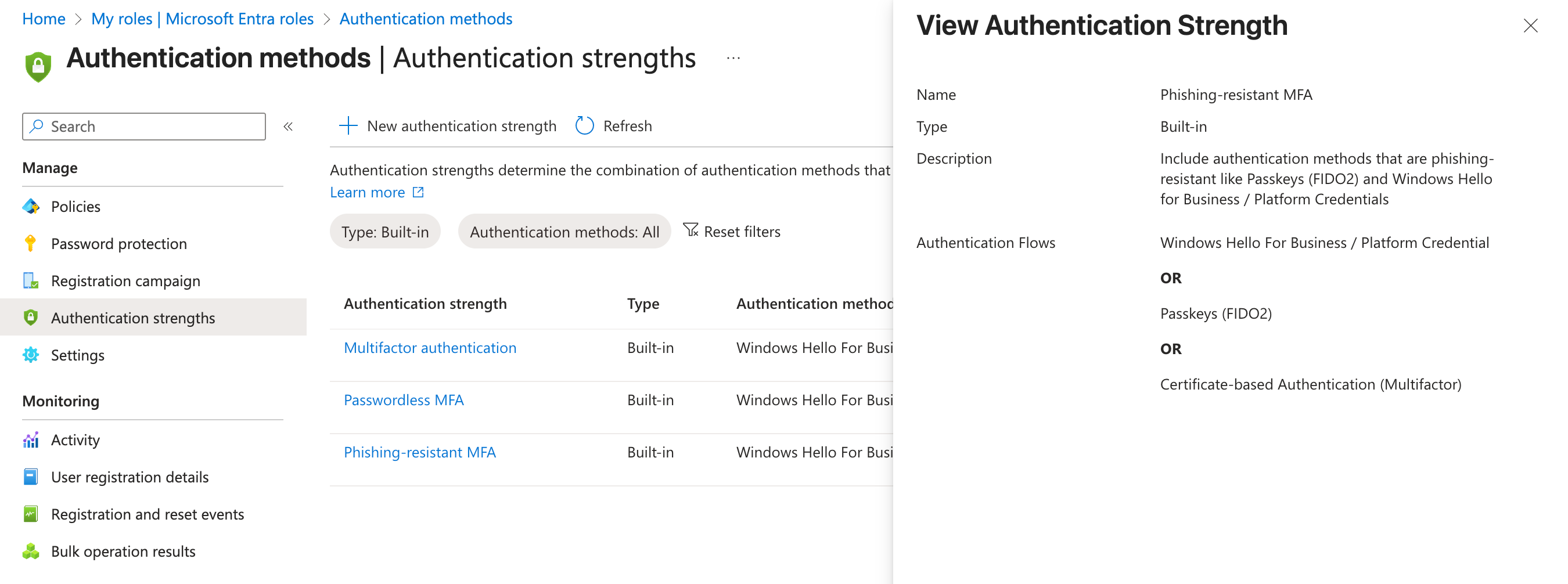 Screenshot showing the phishing-resistant MFA strength definition.