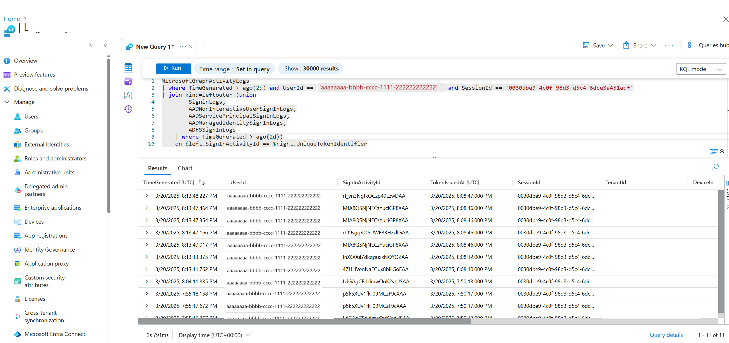 Screenshot of Microsoft Graph activities filtered by user ID and session ID.