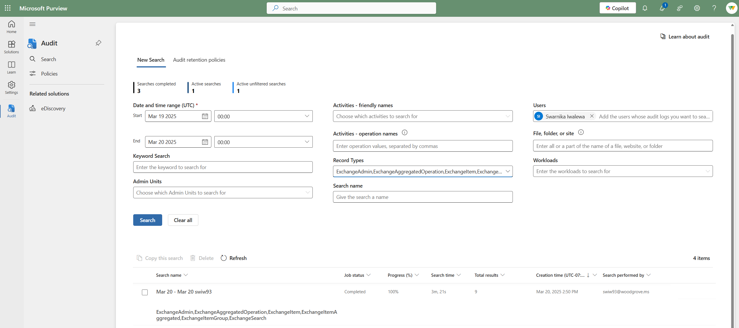 Screenshot of Microsoft Purview portal showing search by Users or Record Types.