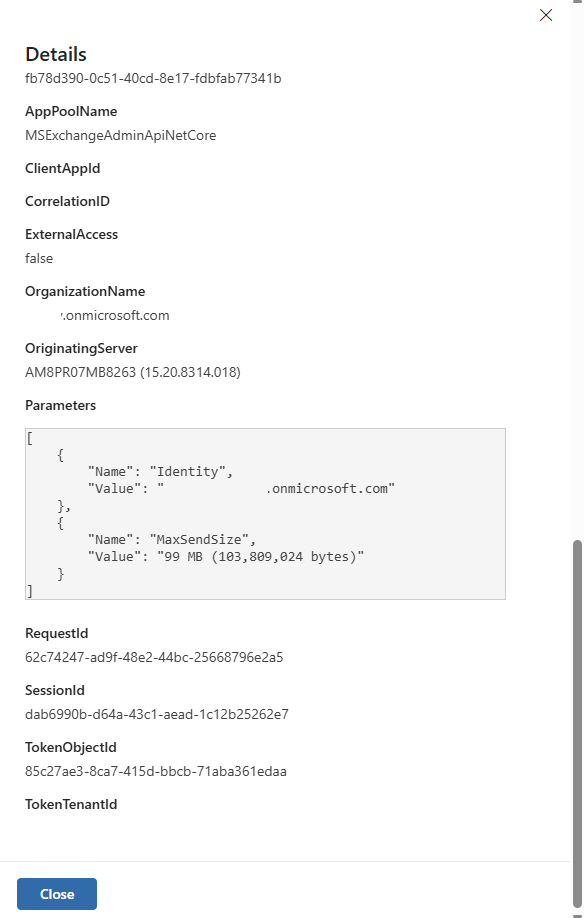 Screenshot of Microsoft Purview portal showing detailed log item.