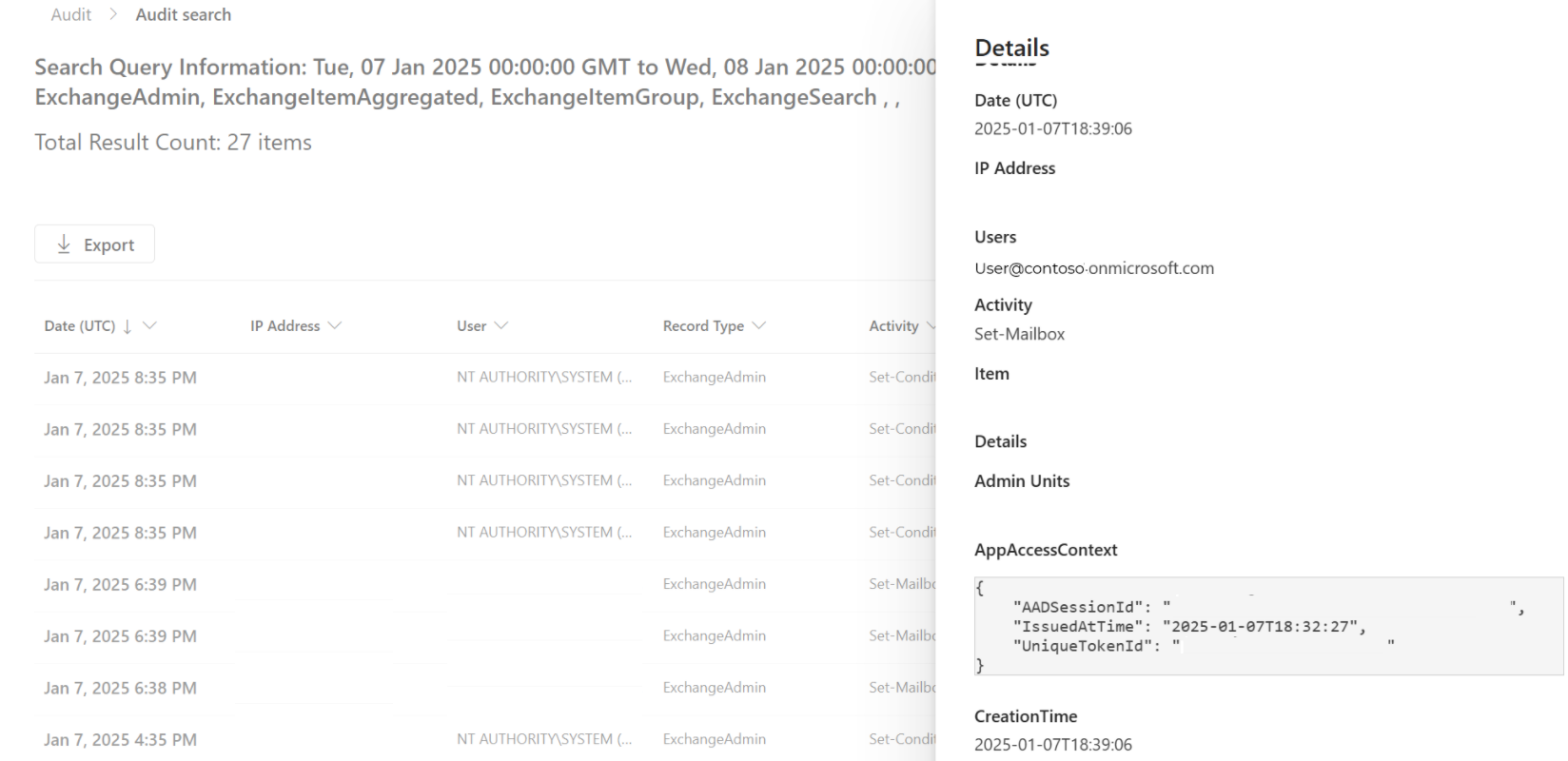 Screenshot of Microsoft Purview portal showing log item with linkable identifiers.