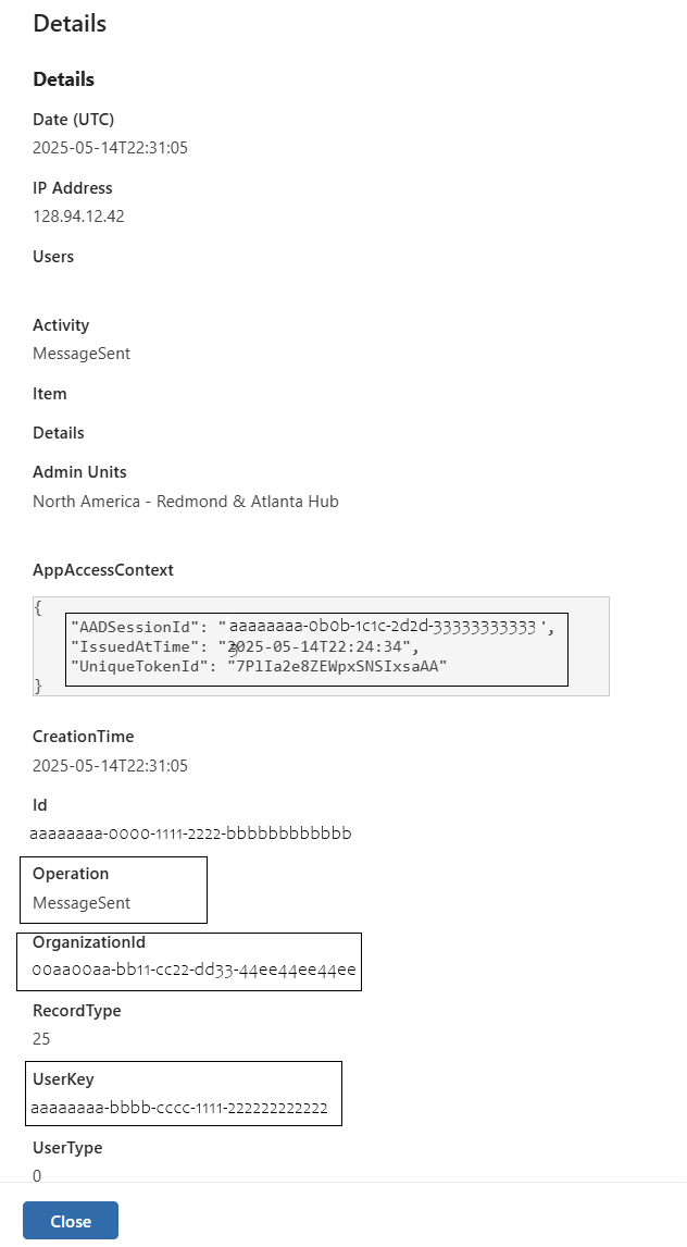 Screenshot of Microsoft Purview portal showing log item for Teams and SPO.