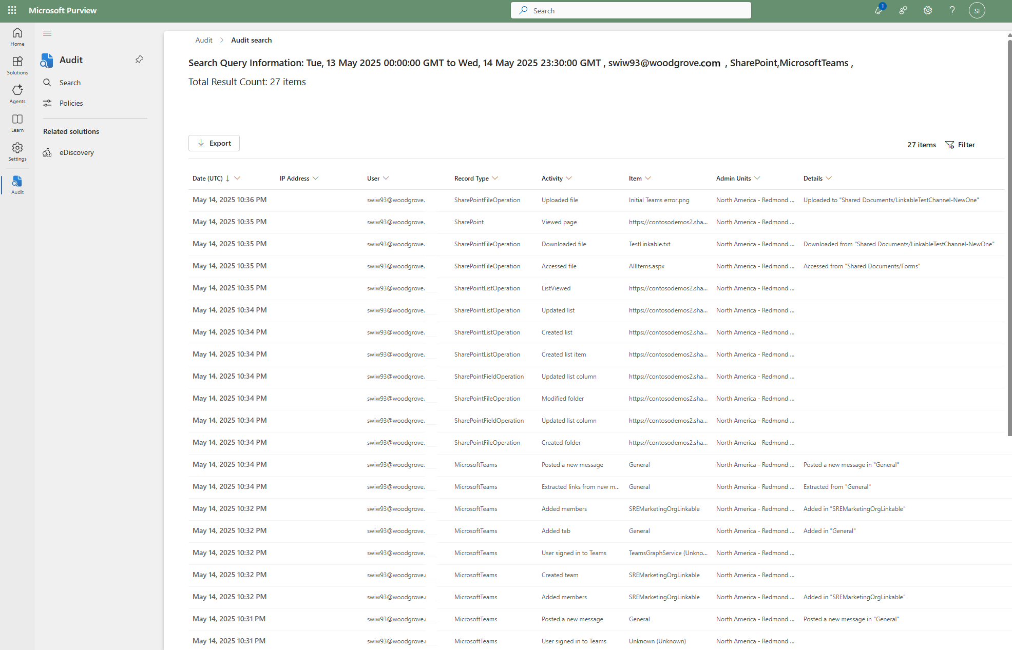 Screenshot of Microsoft Purview portal showing results for SPO and Teams logs.