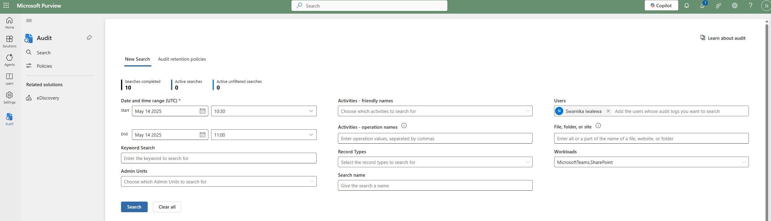 Screenshot of Microsoft Purview portal showing search for logs for SharePoint and Teams workload.