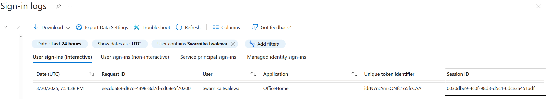 Screenshot of interactive sign-in log line with session ID.