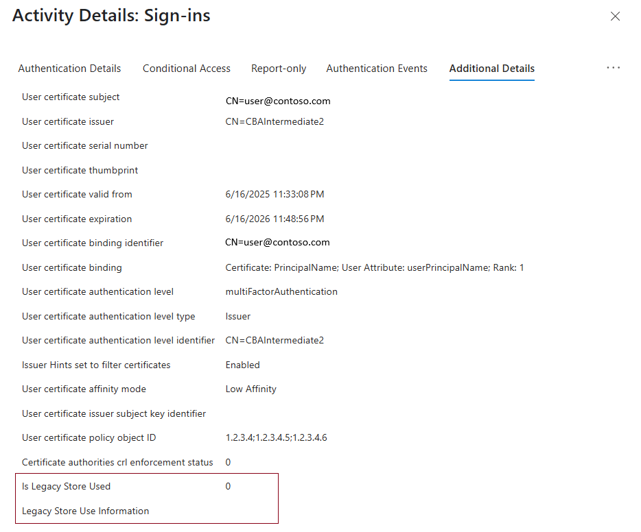 Sign in log entry for usage of PKI or Legacy CA store