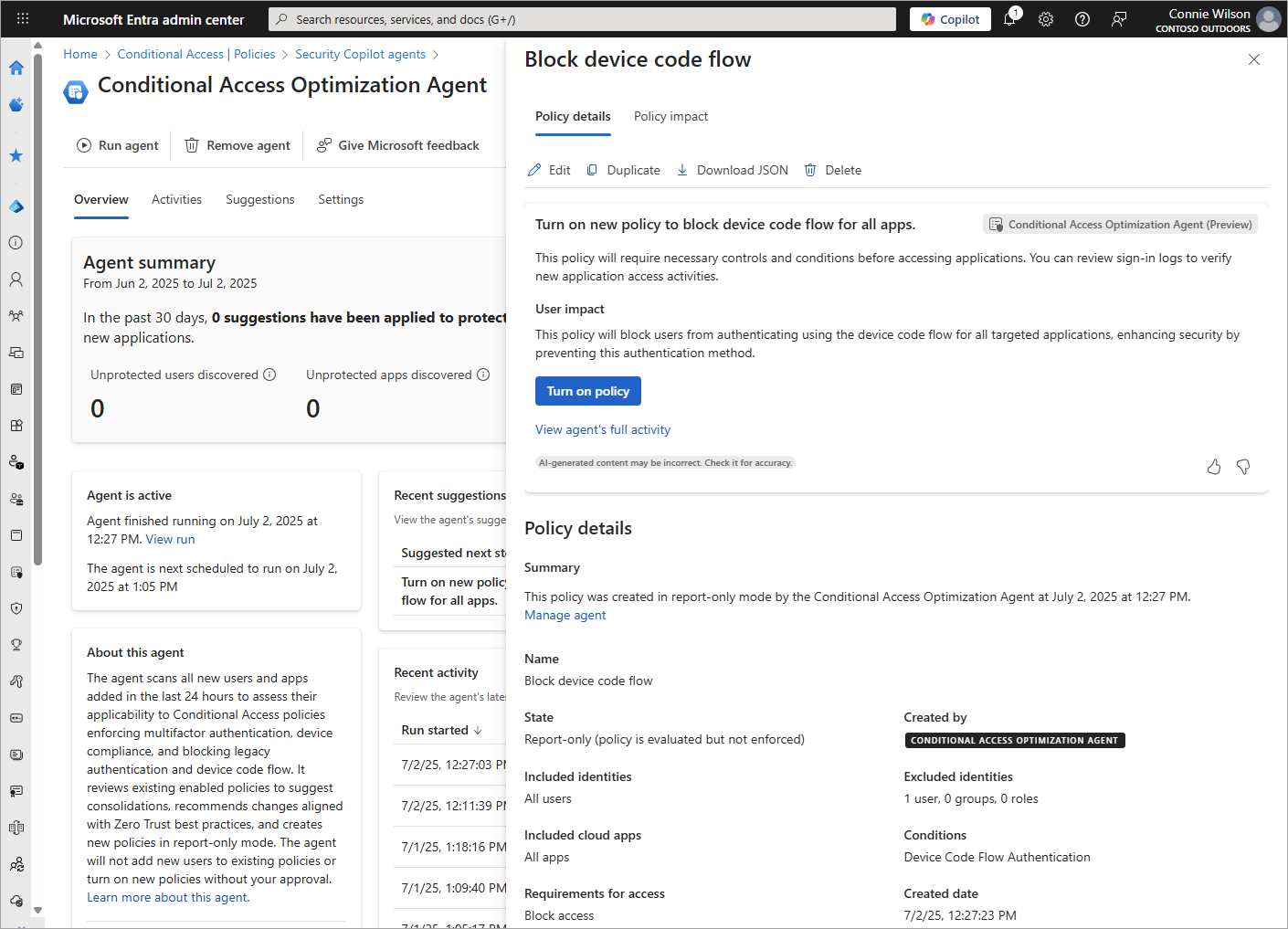 Screenshot of the agent with the policy suggestion details open.