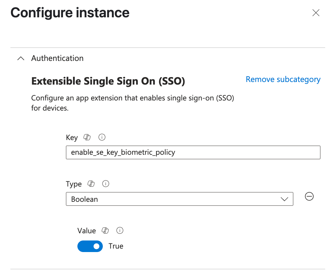 Screenshot of the UserSecureEnclaveKeyBiometricPolicy configuration in Microsoft Intune.