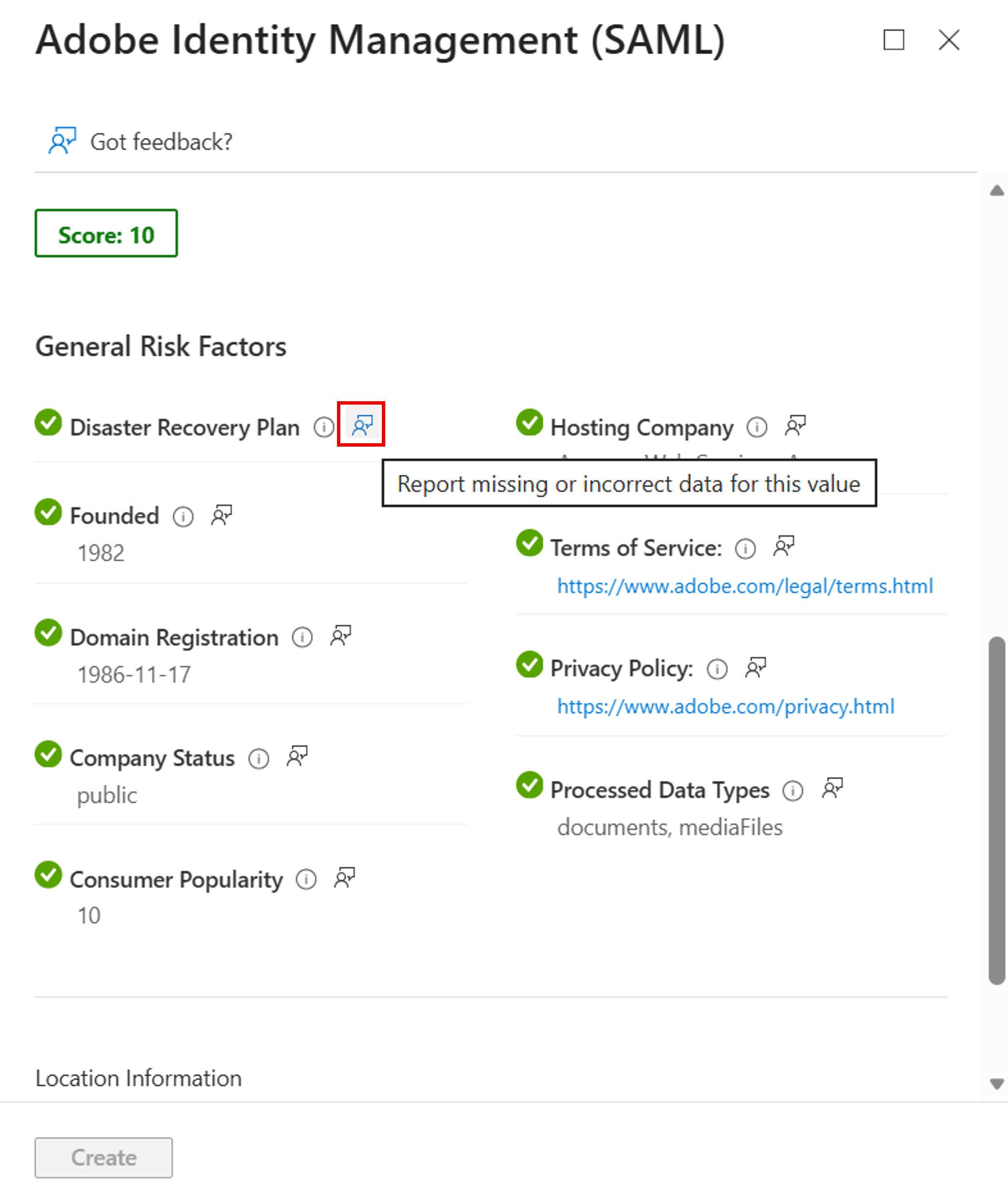 Screenshot showing application risk score details with feedback options for individual risk factors.