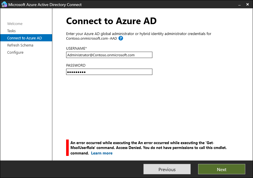 Screenshot that shows MSOnline PowerShell error in Microsoft Entra Connect Sync wizard.