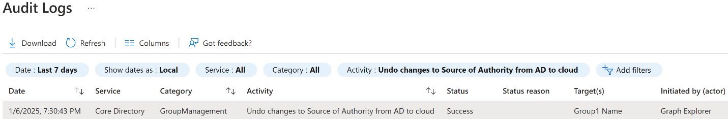 Screenshot of Undo Changes in Audit Logs.