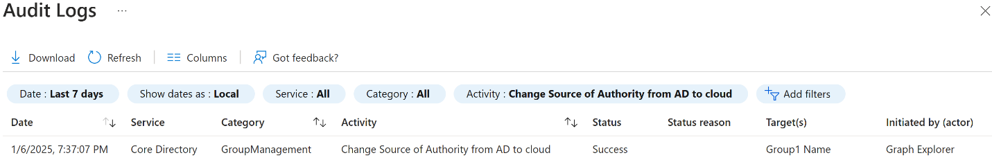 Screenshot of change to group properties in Audit Logs.