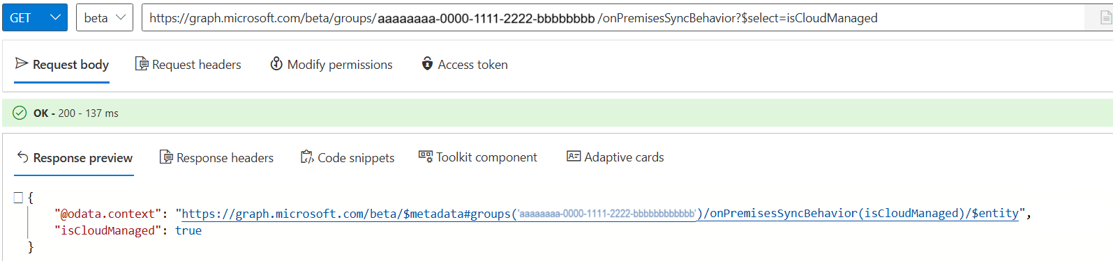 Screenshot of GET call to verify group properties.