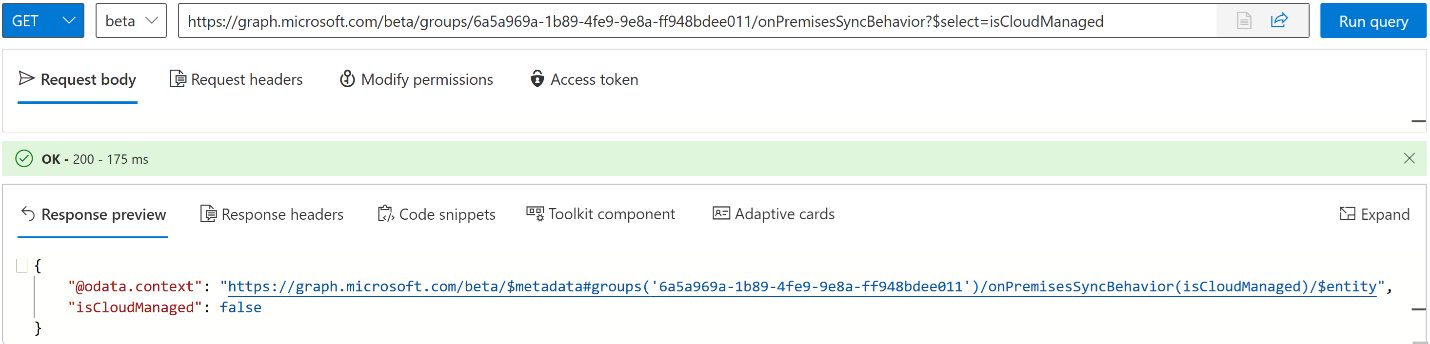 Screenshot of how to use Microsoft Graph Explorer to get the SOA value of a group.