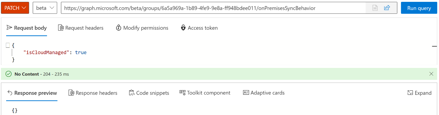 Screenshot of PATCH operation to update group properties.