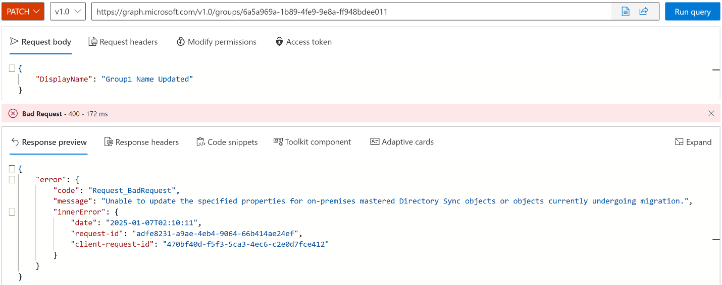 Screenshot of an attempt to update a group to verify it's read-only.