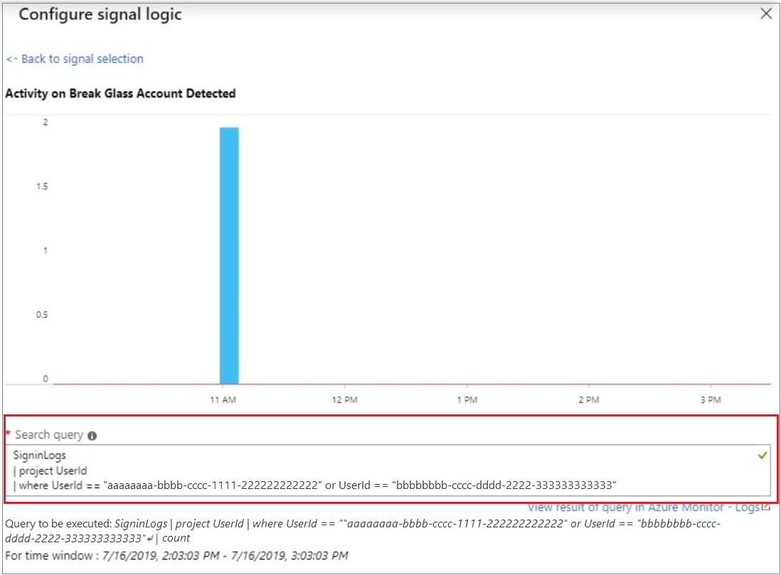 Add the object IDs of the emergency access accounts to an alert rule