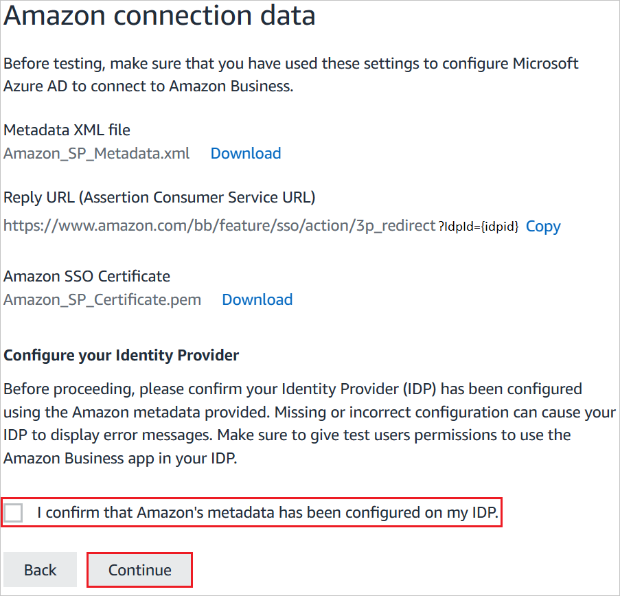 Screenshot shows Amazon connection data, where you can select next to continue.