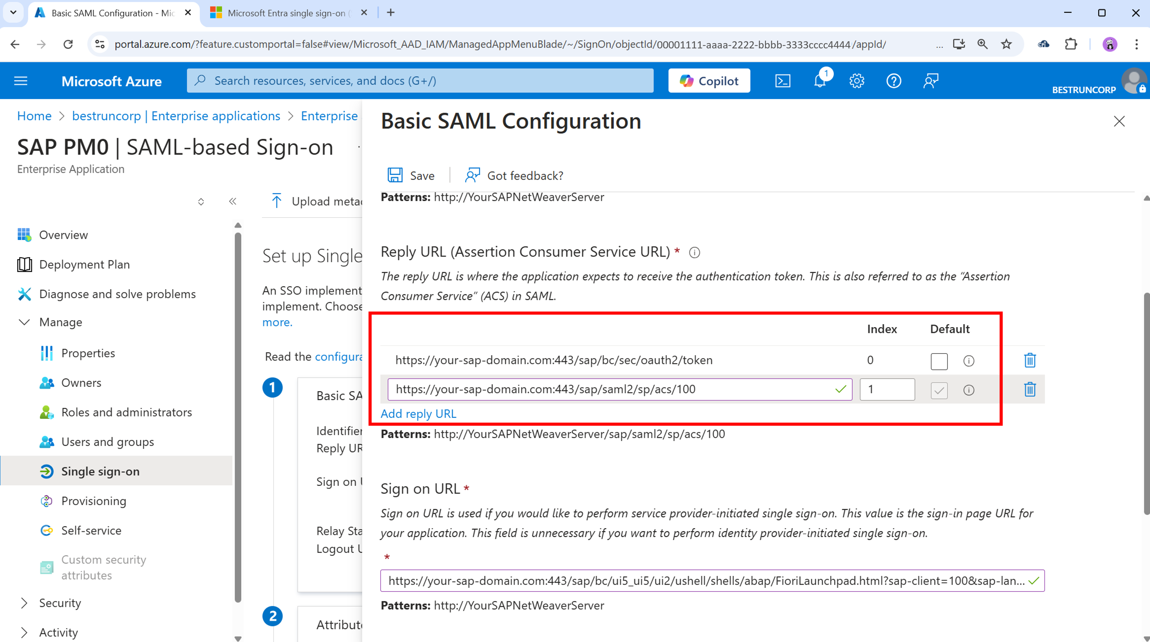 Azure portal Screenshot highlighting configuration for parallel use of SAML2 and OAuth2.