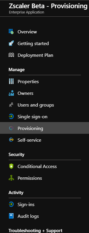 There's a list of tabs arranged into categories, and titled ZScaler Beta - Provisioning / Enterprise Application. The Provision tab of the Manage category is selected.