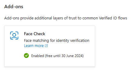 Screenshot of Face Check add-on configuration showing successful validation with Enable button to activate the service.