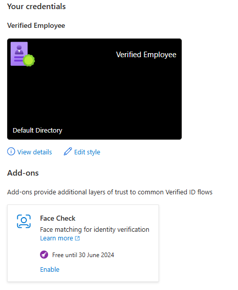 Screenshot of Microsoft Entra Verified ID overview page showing Face Check add-on in Add-ons section with Enable button.