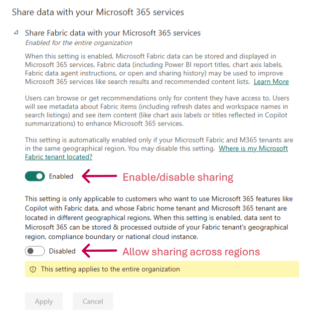 Screenshot of users can see Microsoft Fabric metadata in Microsoft 365 tenant setting.